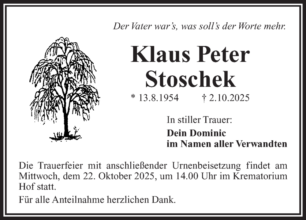  Traueranzeige für Klaus Peter Stoschek vom 18.10.2025 aus Frankenpost