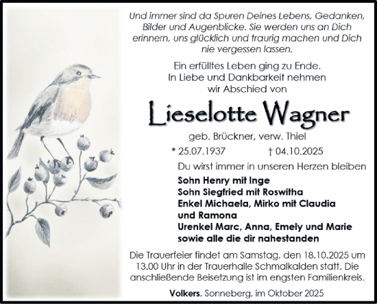 Traueranzeige von Lieselotte Wagner von Südthüringer Presse