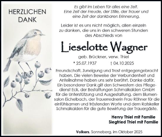 Traueranzeige von Lieselotte Wagner von Südthüringer Presse