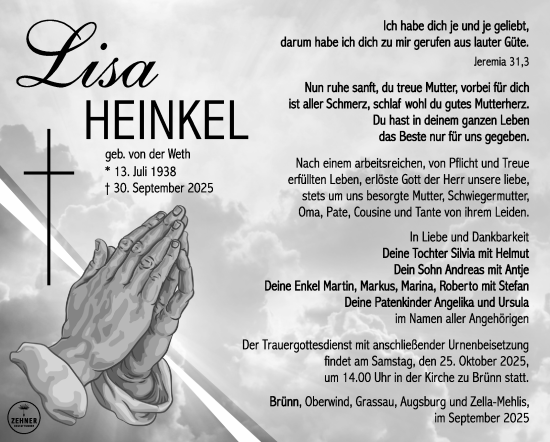 Traueranzeige von Lisa Heinkel von Südthüringer Presse