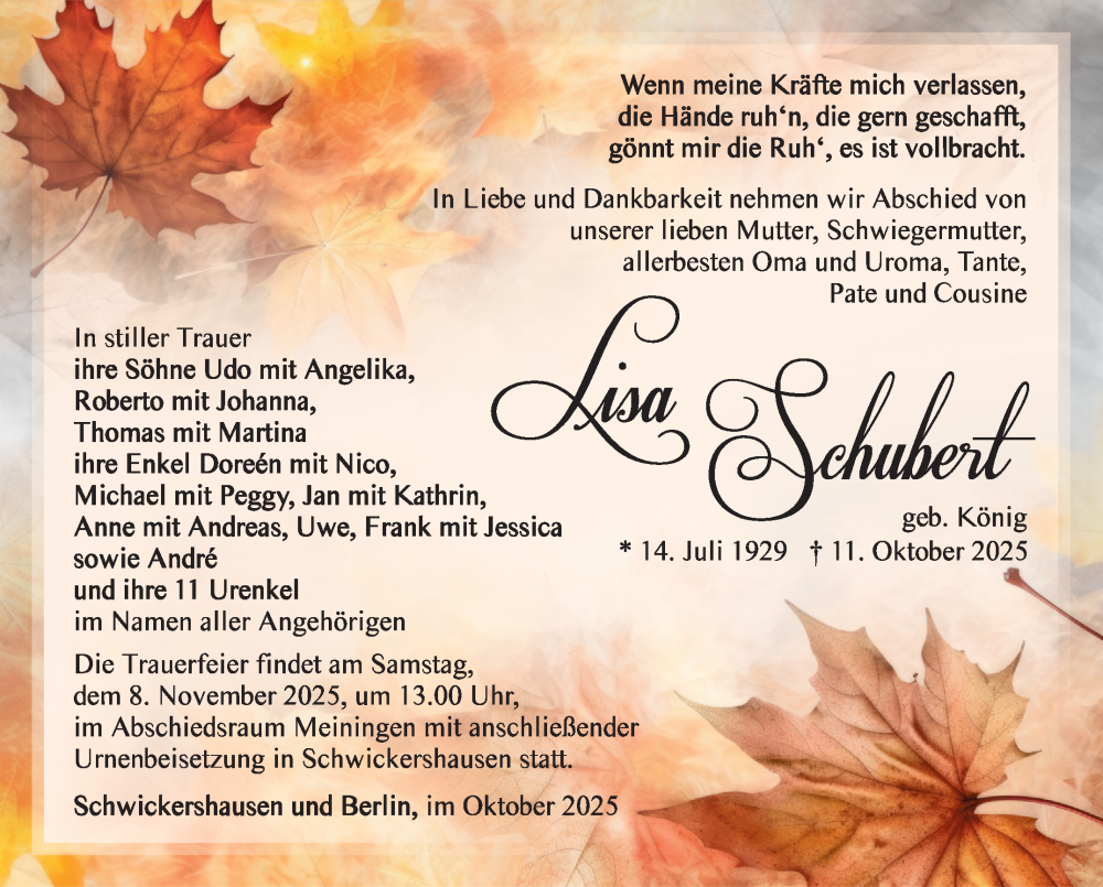 Traueranzeige für Lisa Schubert vom 01.11.2025 aus Südthüringer Presse