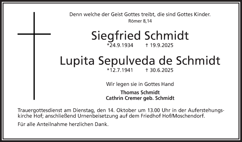  Traueranzeige für Lupita Sepulveda de Schmidt vom 11.10.2025 aus Frankenpost