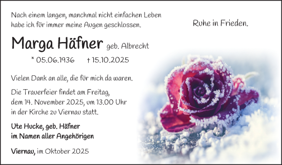 Traueranzeige von Marga Häfner von Südthüringer Presse