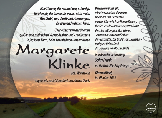 Traueranzeige von Margarete Klinke von Südthüringer Presse