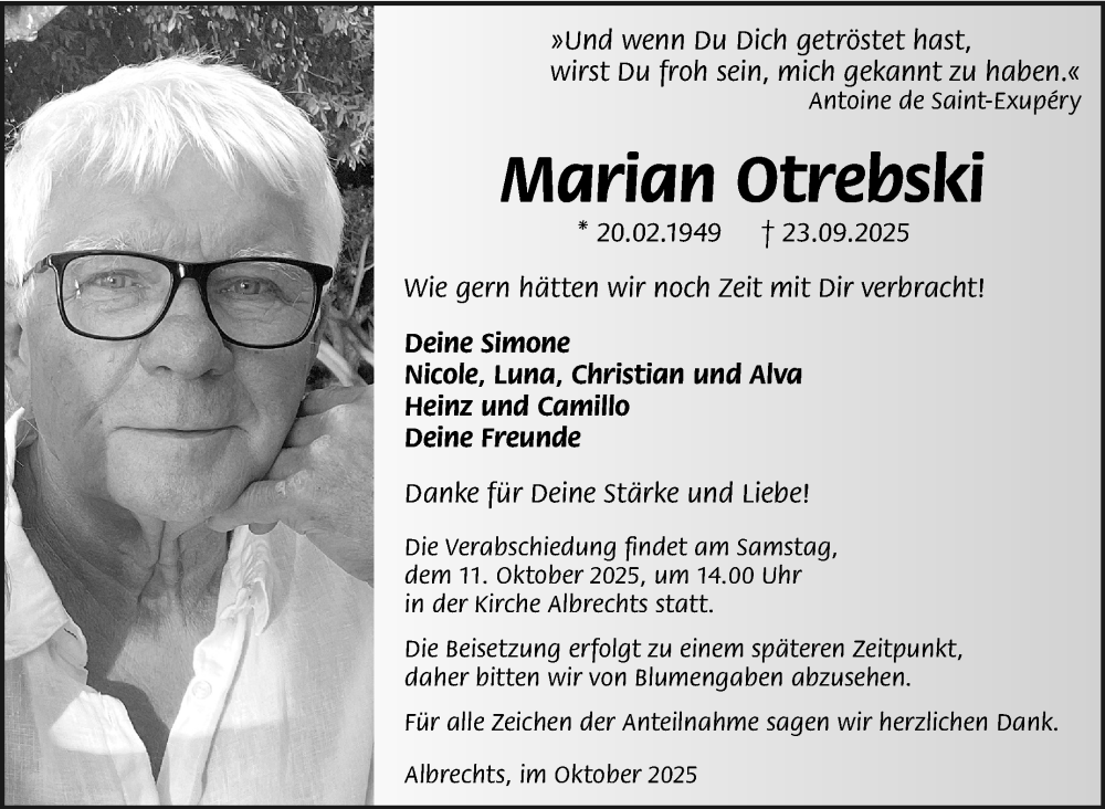  Traueranzeige für Marian Otrebski vom 04.10.2025 aus Südthüringer Presse