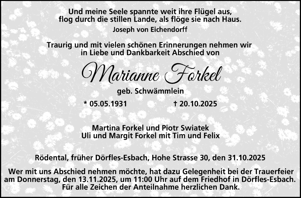  Traueranzeige für Marianne Forkel vom 31.10.2025 aus Neue Presse Coburg