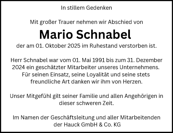 Traueranzeige von Mario Schnabel von Südthüringer Presse