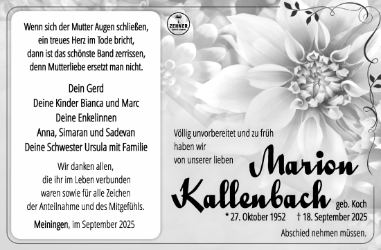 Traueranzeige von Marion Kallenbach von Südthüringer Presse
