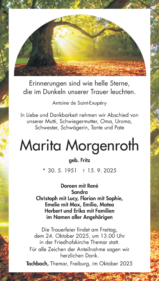 Traueranzeige von Marita Morgenroth von Südthüringer Presse