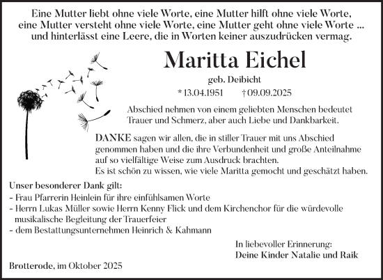 Traueranzeige von Maritta Eichel von Südthüringer Presse