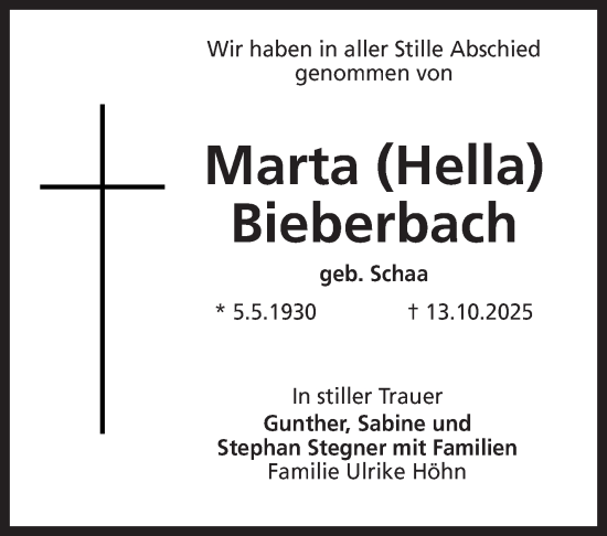 Traueranzeige von Marta Bieberbach von Neue Presse Coburg