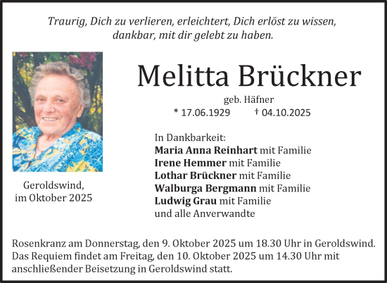 Traueranzeige von Melitta Brückner von Neue Presse Coburg