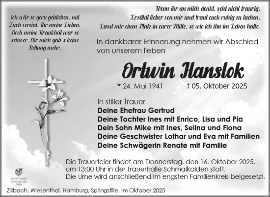 Traueranzeige von Ortwin Hanslok von Südthüringer Presse