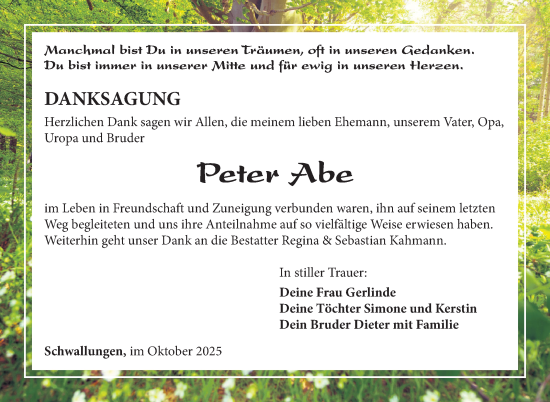 Traueranzeige von Peter Abe von Südthüringer Presse