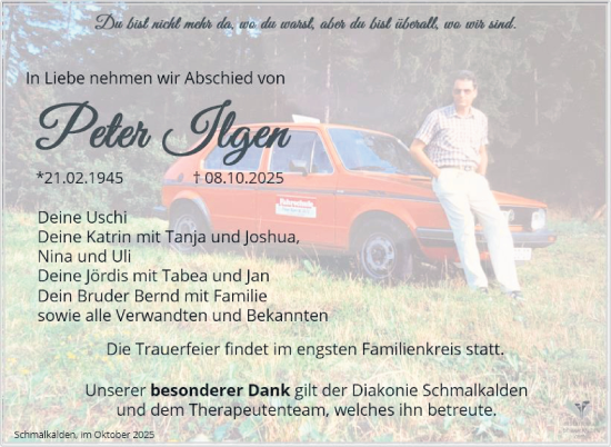 Traueranzeige von Peter Ilgen von Südthüringer Presse