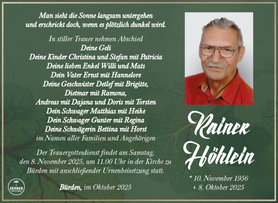 Traueranzeige von Rainer Höhlein von Südthüringer Presse