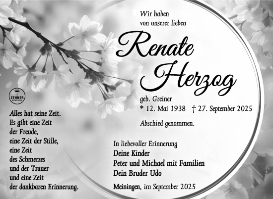 Traueranzeige von Renate Herzog von Südthüringer Presse