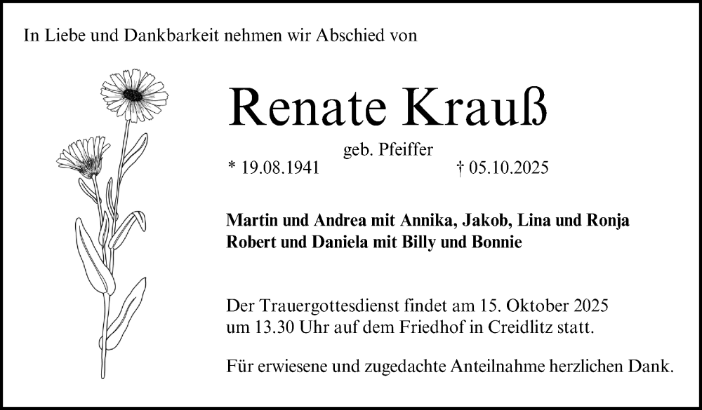 Traueranzeige für Renate Krauß vom 11.10.2025 aus Neue Presse Coburg