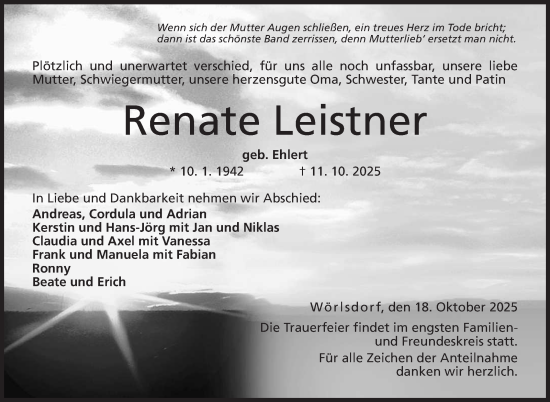 Traueranzeige von Renate Leistner von Neue Presse Coburg