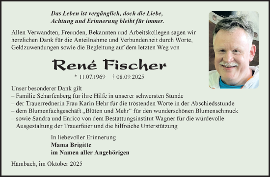 Traueranzeige von René Fischer von Südthüringer Presse