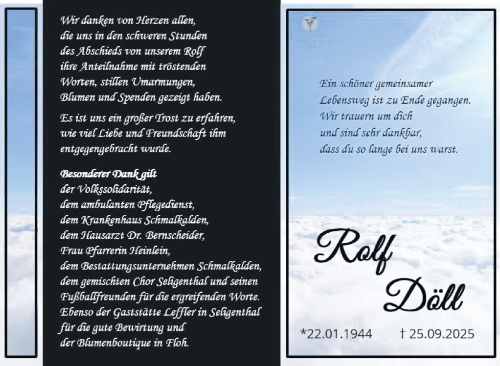  Traueranzeige für Rolf Döll vom 18.10.2025 aus Südthüringer Presse