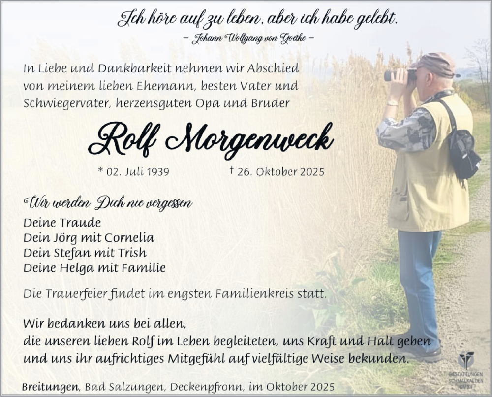  Traueranzeige für Rolf Morgenweck vom 01.11.2025 aus Südthüringer Presse