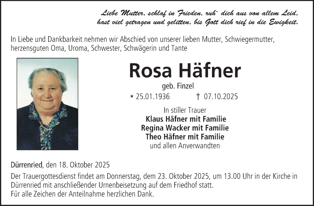  Traueranzeige für Rosa Häfner vom 18.10.2025 aus Neue Presse Coburg