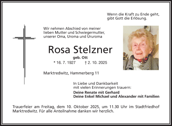 Traueranzeige von Rosa Stelzner von Frankenpost