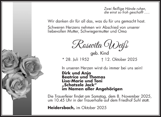 Traueranzeige von Roswita Weiß von Südthüringer Presse