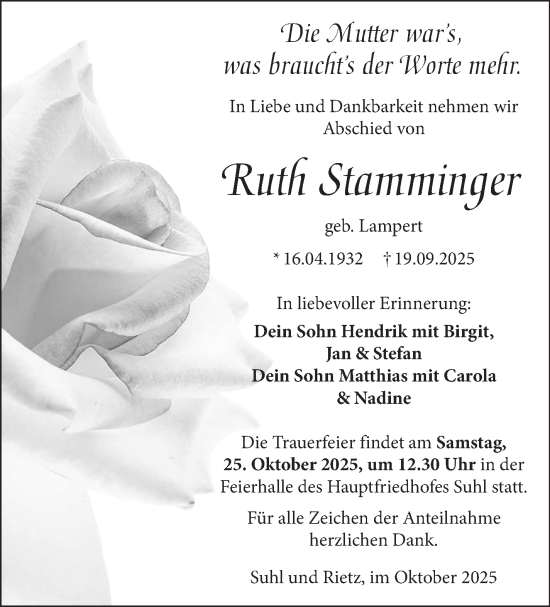 Traueranzeige von Ruth Stamminger von Südthüringer Presse