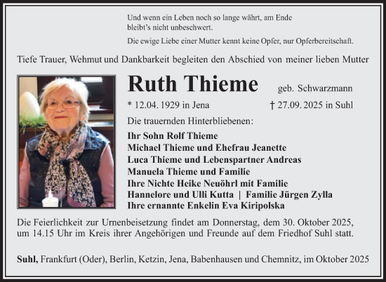 Traueranzeige von Ruth Thieme von Südthüringer Presse