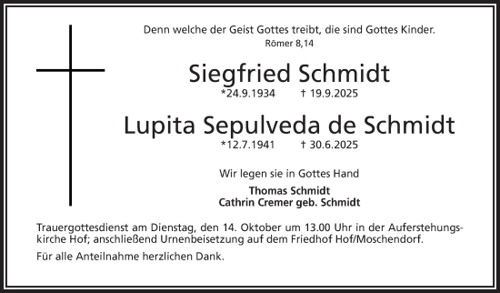 Traueranzeige von Siegfried Schmidt von Frankenpost