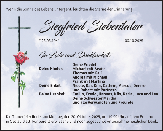 Traueranzeige von Siegfried Siebentaler von Neue Presse Coburg