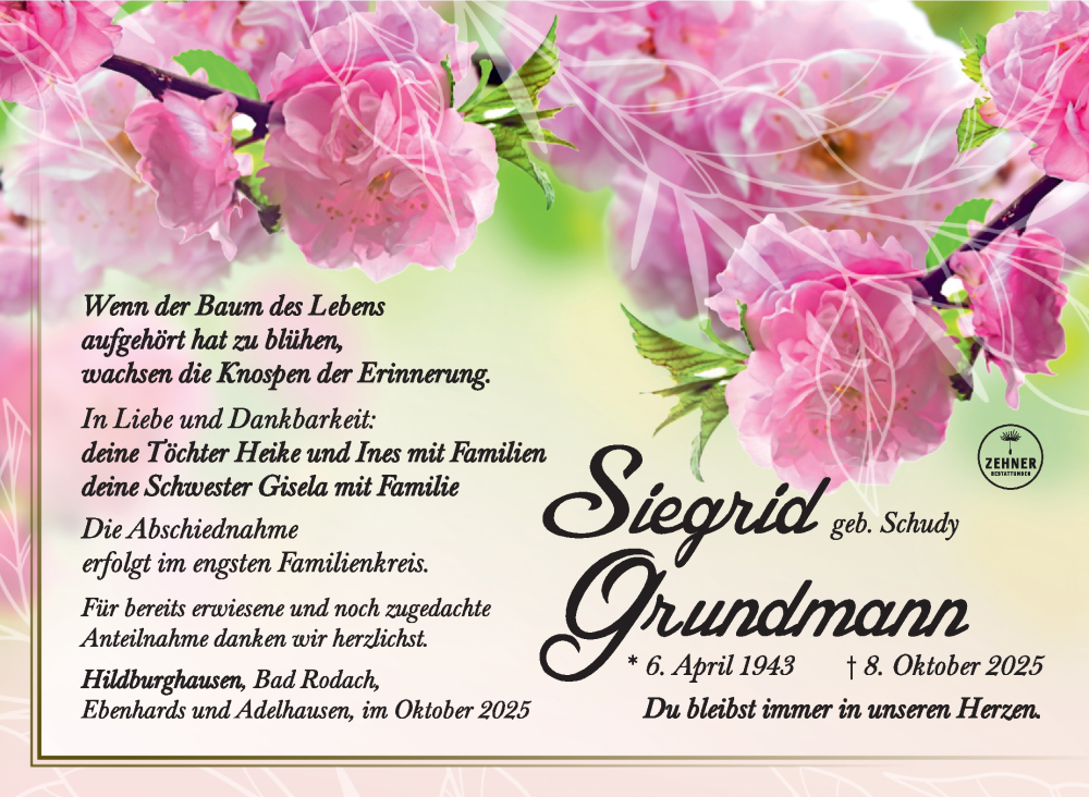  Traueranzeige für Siegrid Grundmann vom 01.11.2025 aus Südthüringer Presse
