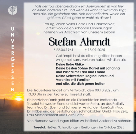 Traueranzeige von Stefan Ahrndt von Südthüringer Presse