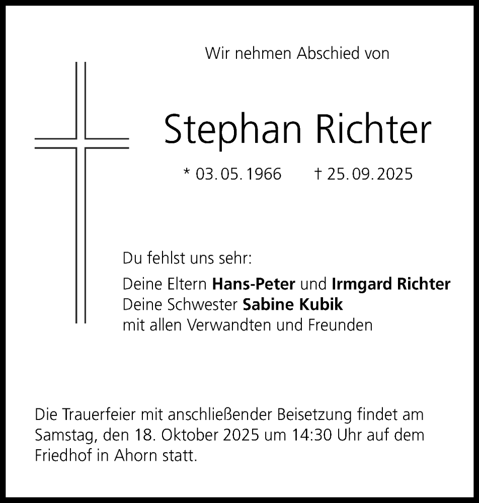  Traueranzeige für Stephan Richter vom 04.10.2025 aus Neue Presse Coburg