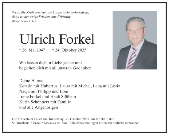 Traueranzeige von Ulrich Forkel von Neue Presse Coburg