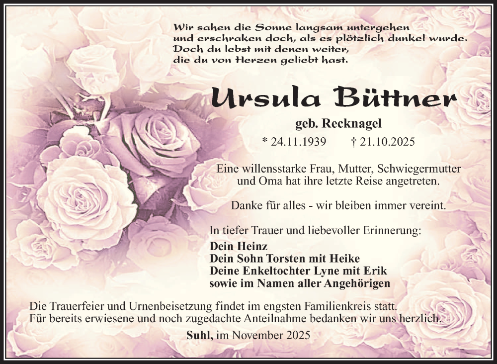  Traueranzeige für Ursula Büttner vom 01.11.2025 aus Südthüringer Presse