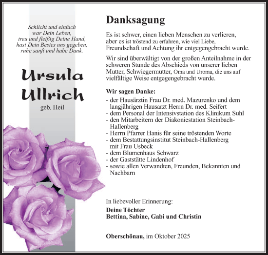 Traueranzeige von Ursula Ullrich von Südthüringer Presse