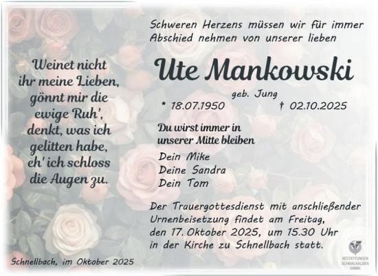 Traueranzeige von Ute Mankowski von Südthüringer Presse