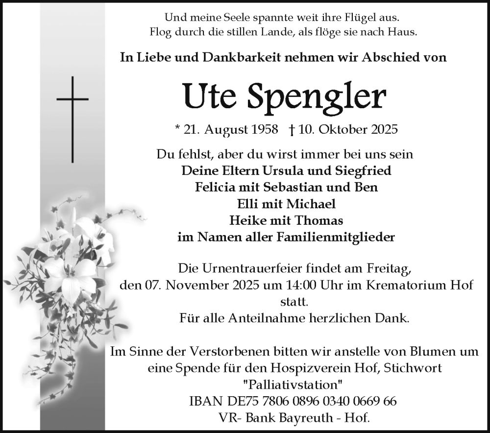  Traueranzeige für Ute Spengler vom 31.10.2025 aus Frankenpost