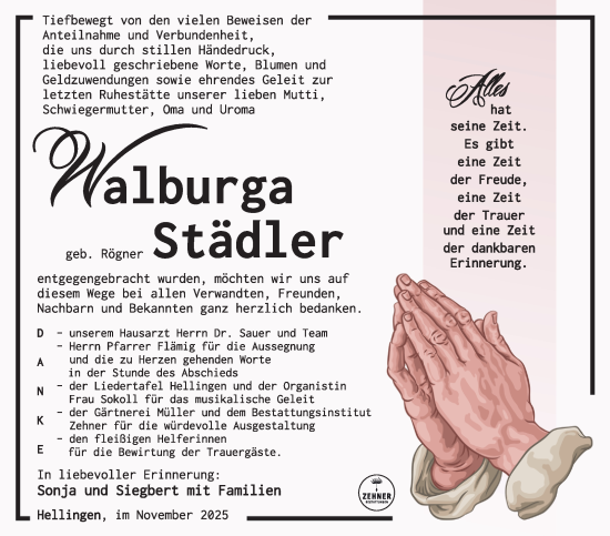 Traueranzeige von Walburga Städler von Südthüringer Presse