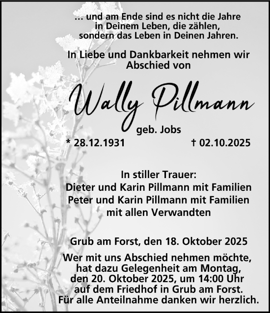 Traueranzeige von Wally Pillmann von Neue Presse Coburg