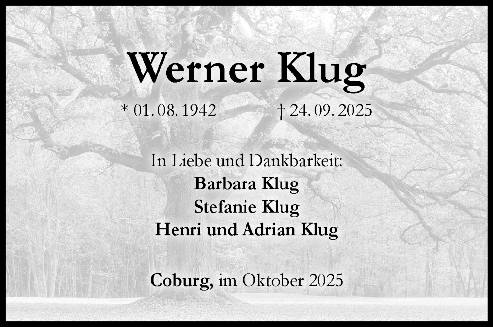  Traueranzeige für Werner Klug vom 11.10.2025 aus Neue Presse Coburg