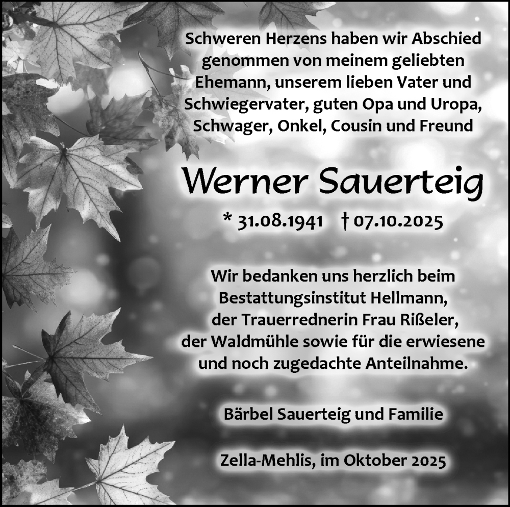  Traueranzeige für Werner Sauerteig vom 25.10.2025 aus Südthüringer Presse