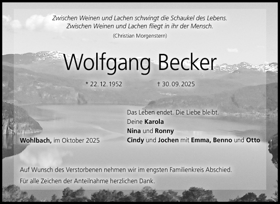 Traueranzeige von Wolfgang BEcker von Neue Presse Coburg