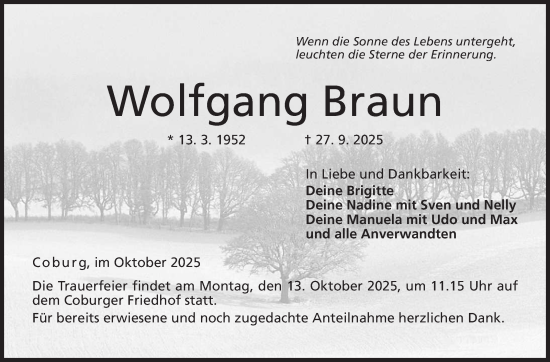 Traueranzeige von Wolfgang Braun von Neue Presse Coburg