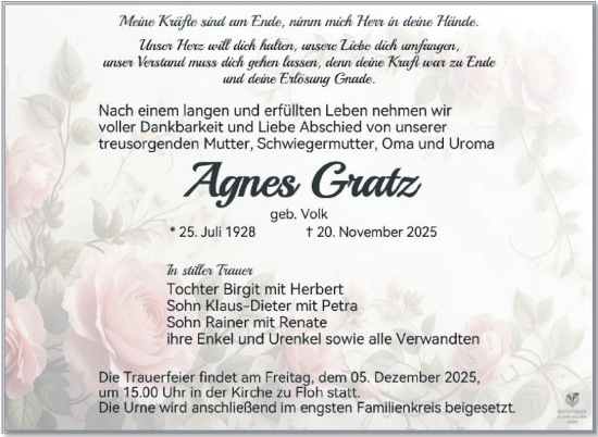 Traueranzeige von Agnes Gratz von Südthüringer Presse