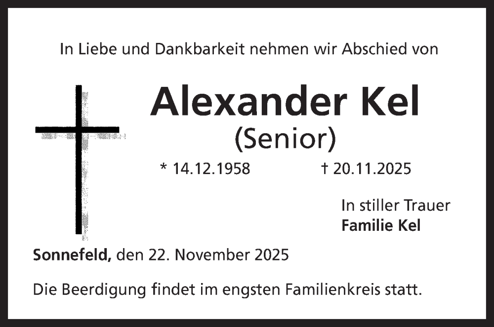  Traueranzeige für Alexander Kel (Senior) vom 22.11.2025 aus Neue Presse Coburg