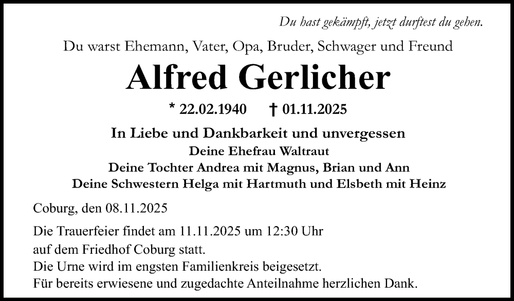  Traueranzeige für Alfred Gerlicher vom 08.11.2025 aus Neue Presse Coburg